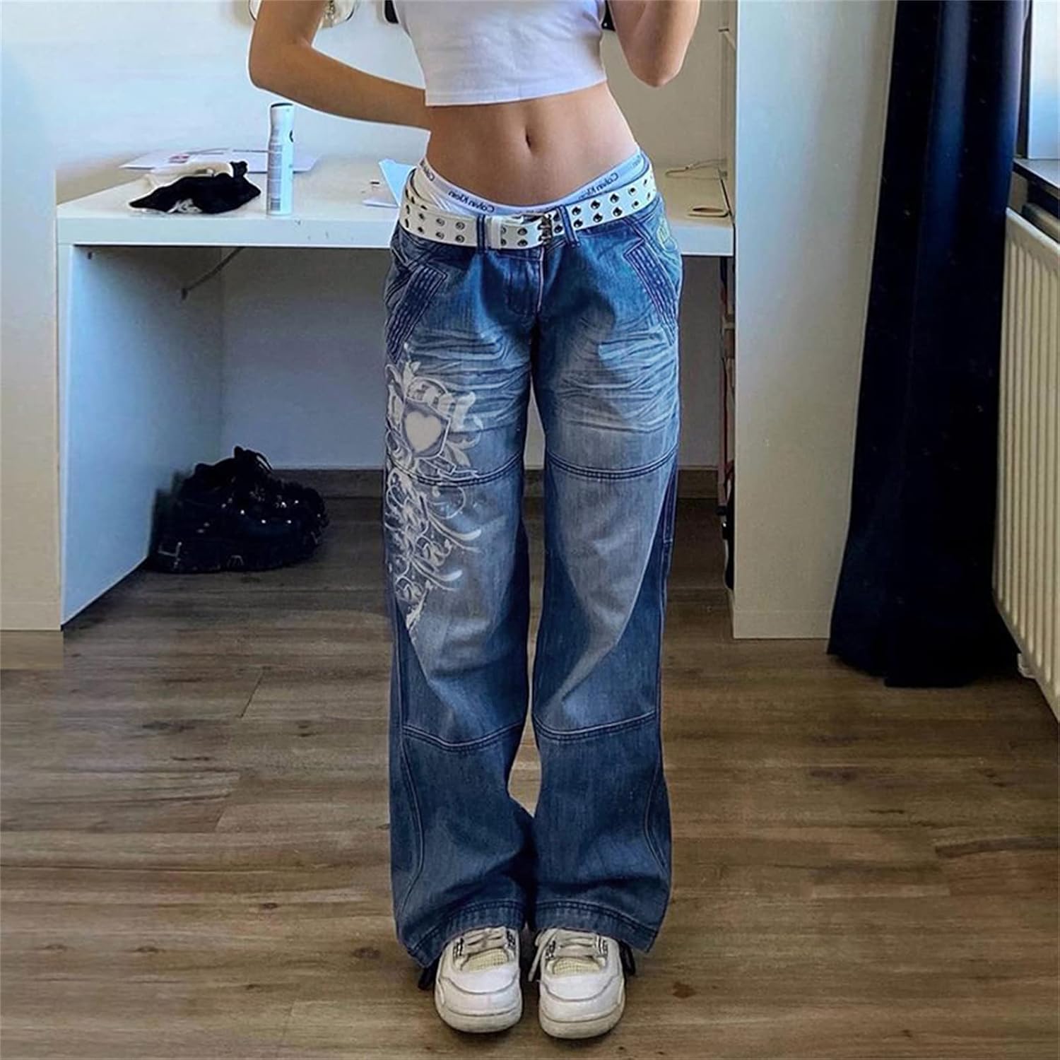 Kvinnor Y2k-jeans, gothstil, byxor i punkig emostil, säckiga, utsvängda jeans, breda ben, Harajuku grunge-byxor, hiphop-kläder