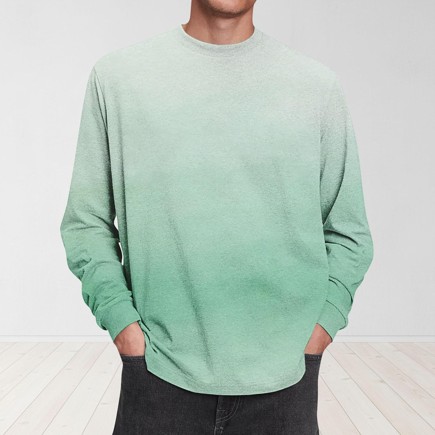 Herr långärmad t-shirt tonad färg rund hals lätt vardaglig pullover topp