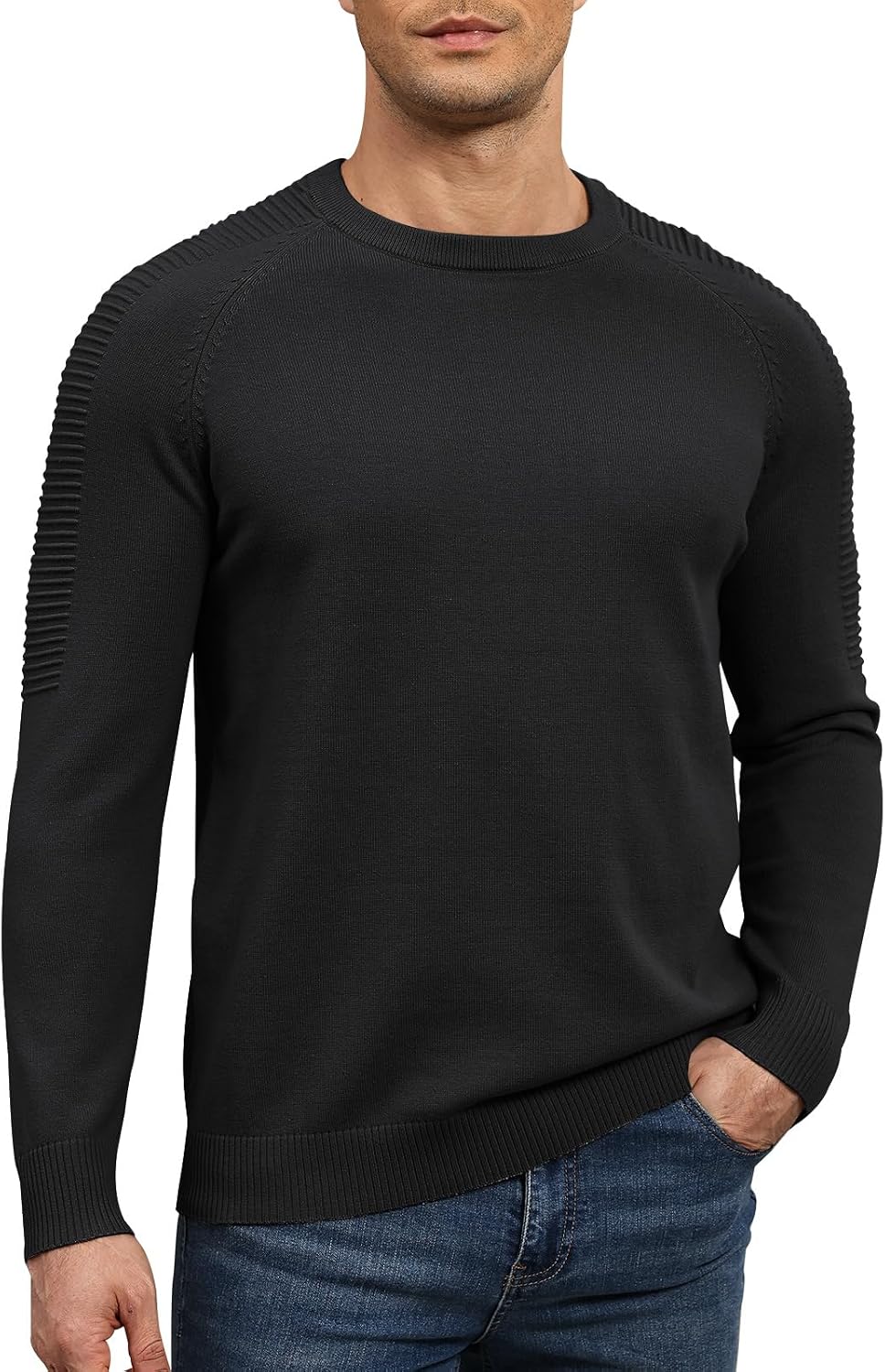 herr rund hals raglan långärmad jumper enfärgad termisk stickad pullover axel ribbning detalj 100 % bomull klassiska stickade kläder höst vinter