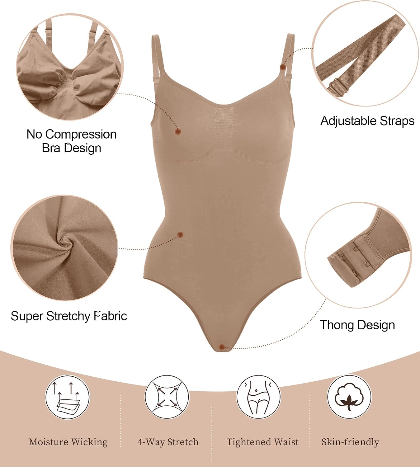 SHAPERX Women Sculpting Bodysuit Tummy Control Shapewear Seamless Body Shaper Thong Adjustable Straps