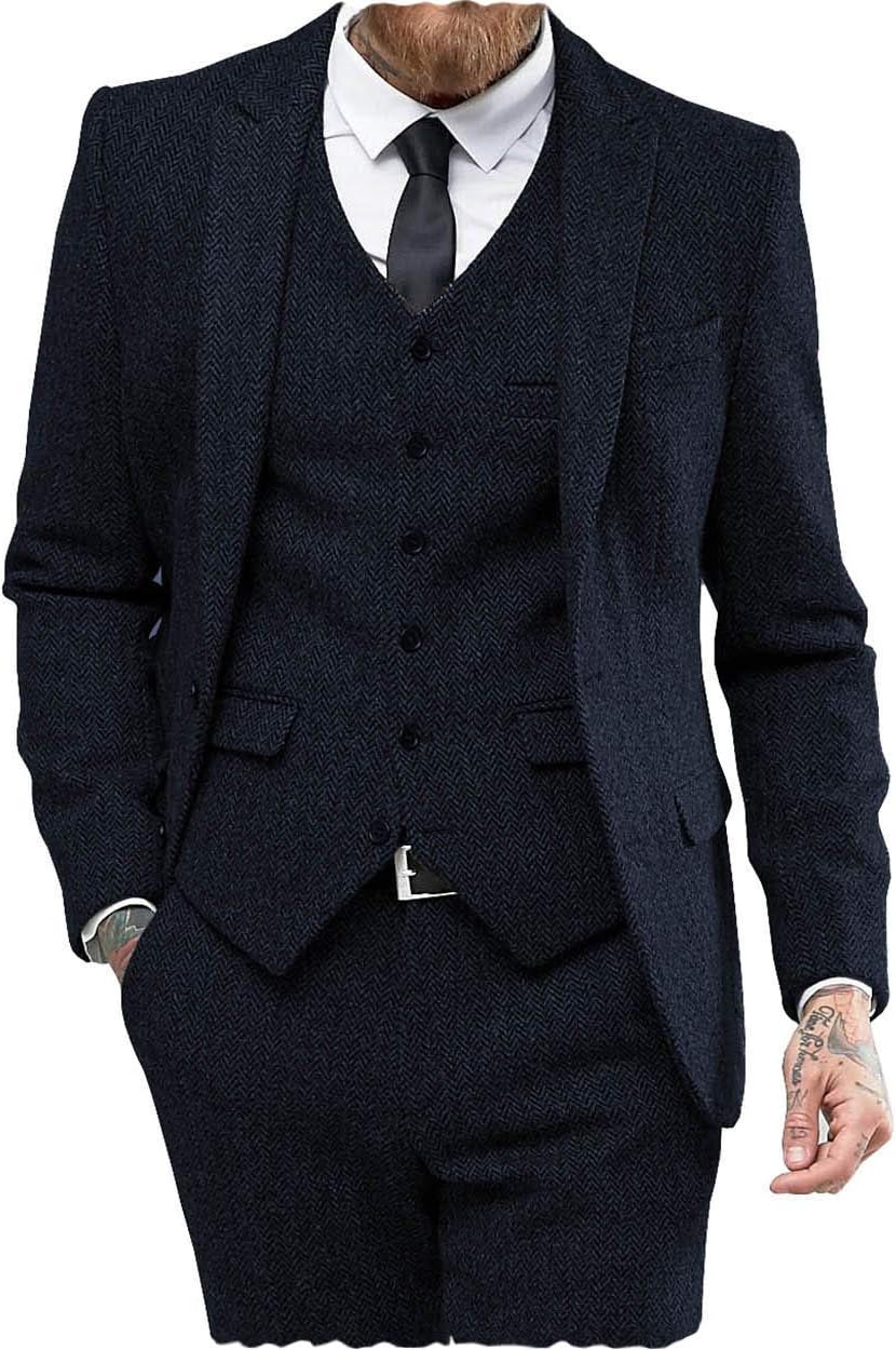 Klassiska herrkostymer normal passform 3 delar ull tweed fiskben by smoking bröllop brudgum blazer + väst + byxor
