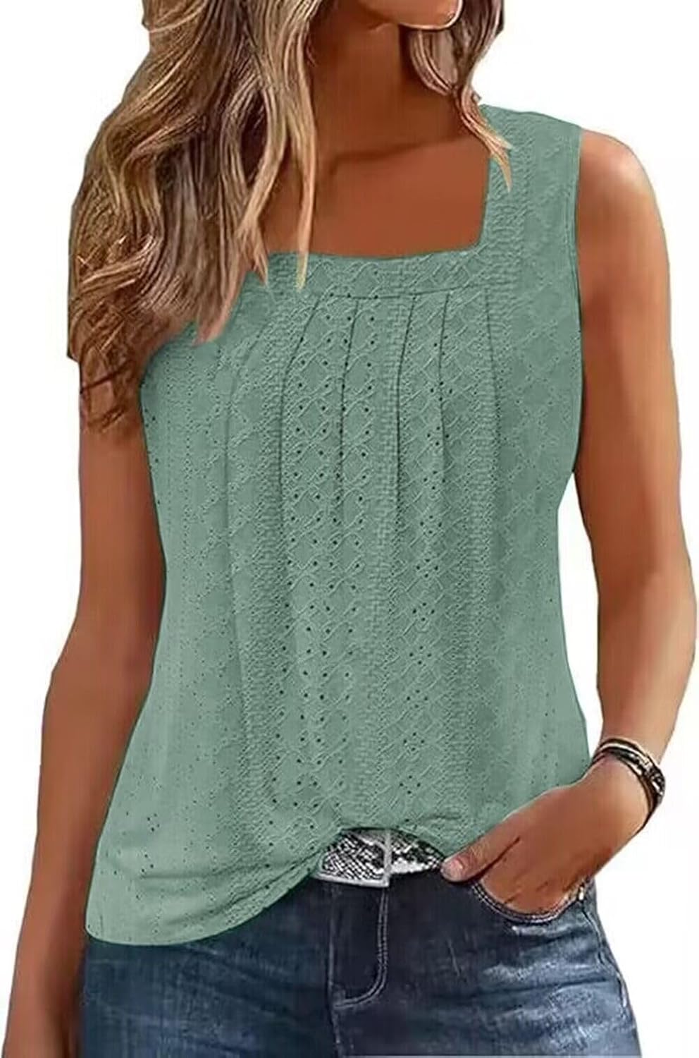 AIMITAG Färgblock veckad fyrkantig krage linne kvinnor randig tank t-shirt sommar ledig lös passform ärmlös skjorta
