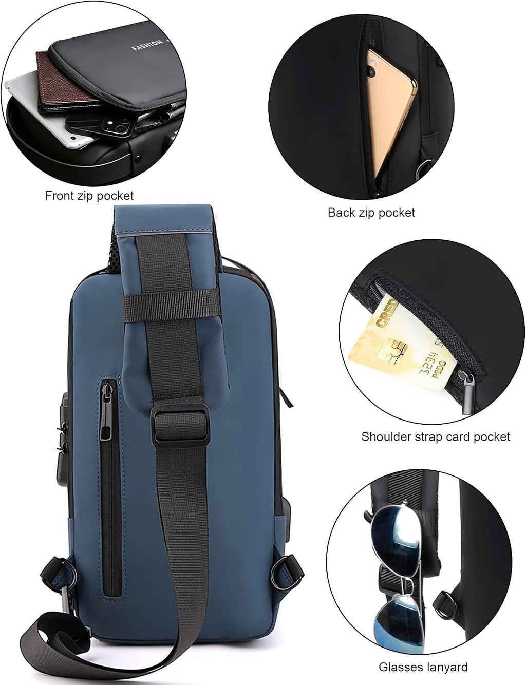 Axelväskor för män och kvinnor, vattentät bröstväska med USB-laddningsport stöldskydd lösenordslås crossbody ryggsäck liten flex axelväska för vandring cykling löpning resor