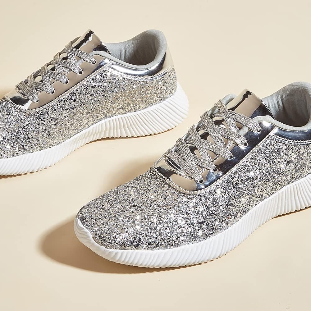 LUCKY STEP Briljanta sneakers för kvinnor med strass och metallpaljetter, lätta tennisskor