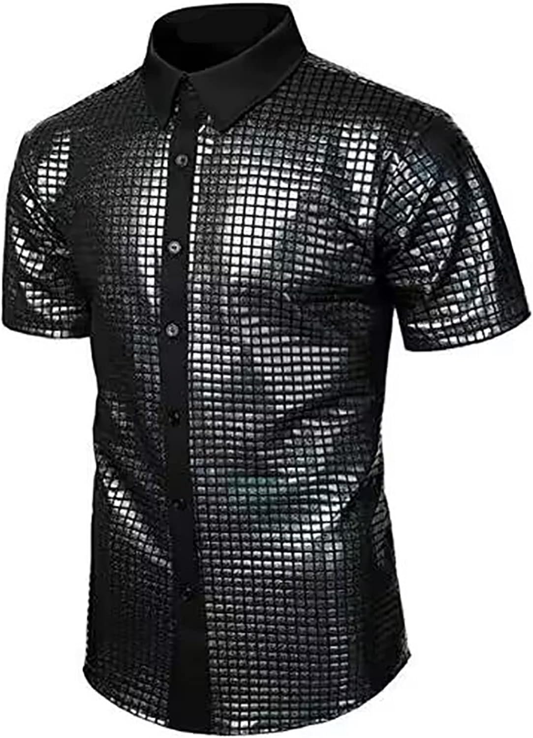 Disco-skjortor för män | Sparkle Sequin Shirts | Skinande metalliska kortärmad skjortor | Glitterskjorta | Slim Fit Button-Down tröjor för nattklubb rock bal hiphop disco partydräkt