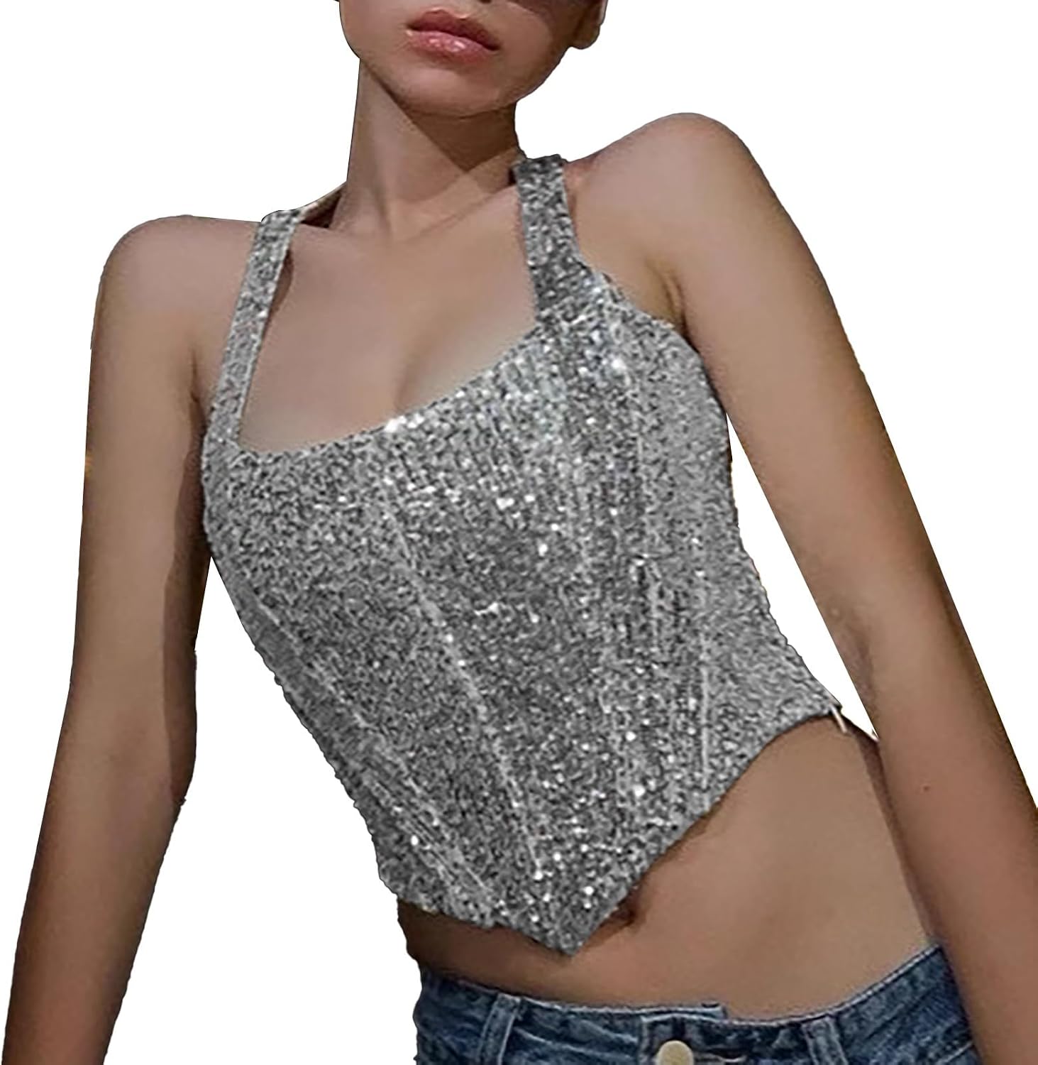 Glitterlinne, damer, slim fit, party, topp, damer, sexig, paljettskjorta, elegant axelbandstopp, glitter, linne, all matchning, sequin, liten väst, toppar, trendig väst, karneval, camisole