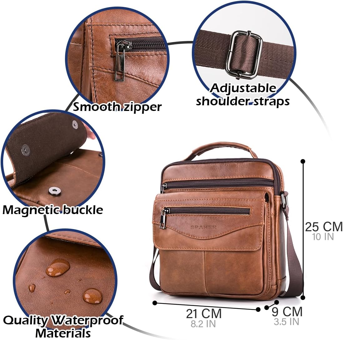 SPAHER Stor Herr Läderväska Handväska Axelväska Företag Kurirväska Cross Body Casual Sling Arrangör Reseväska För plånboksfodral med Topphandtag och Justerbar Rem Brun