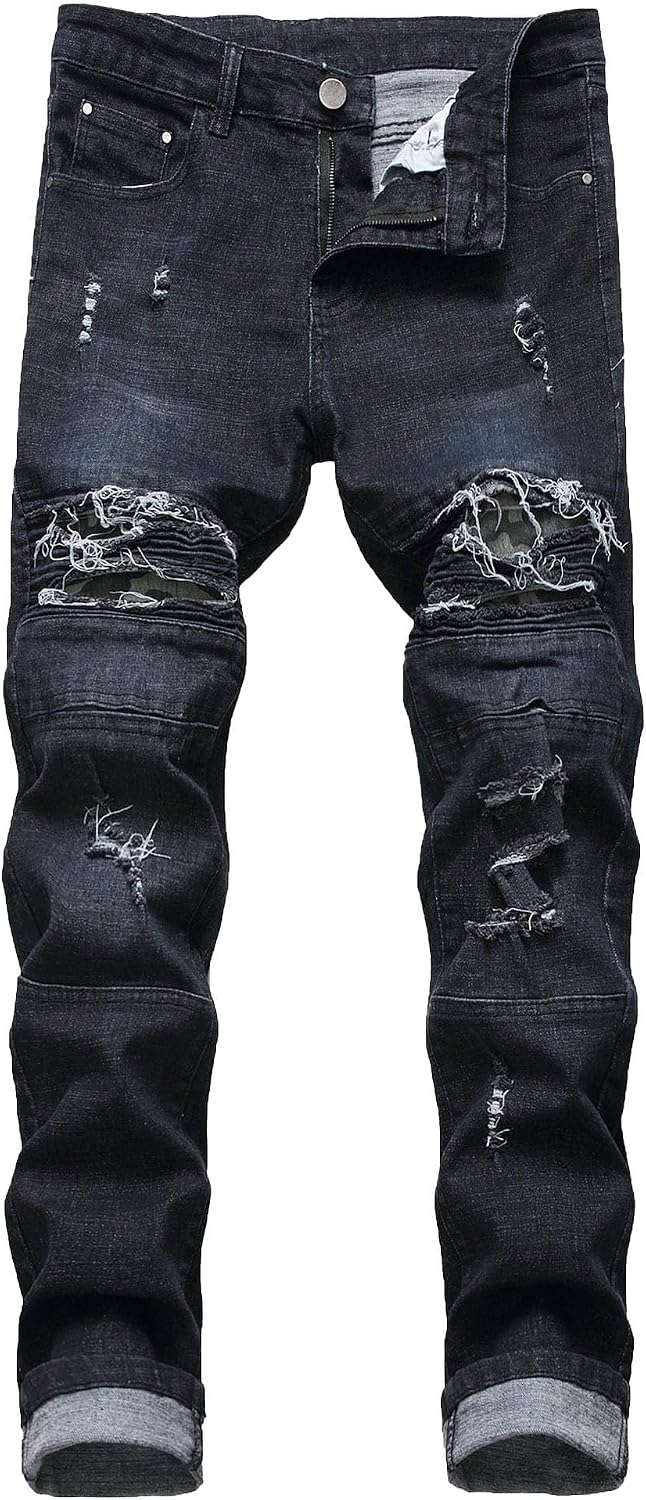 Herr Ripped Jeans Lounge Comfort Herrbyxor med resår i midjan Biker Slim Fit Jeans för män