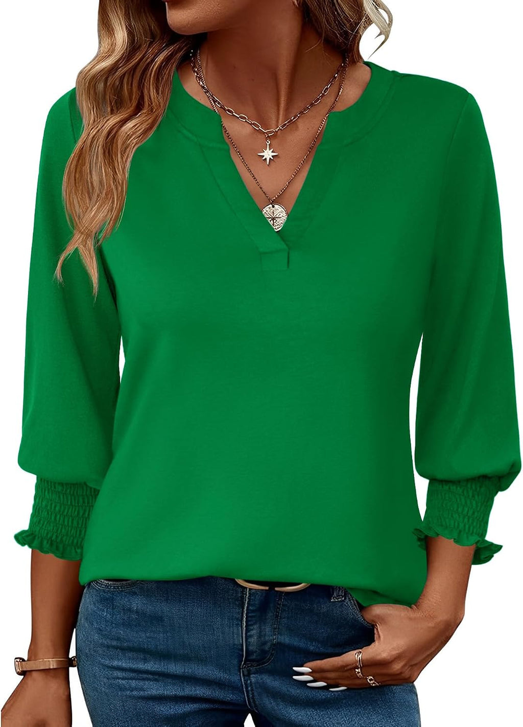 Rapbin Damblus med 3/4-ärm, lång V-ringad tunika, sommartopp, elegant, ledig blus, topp