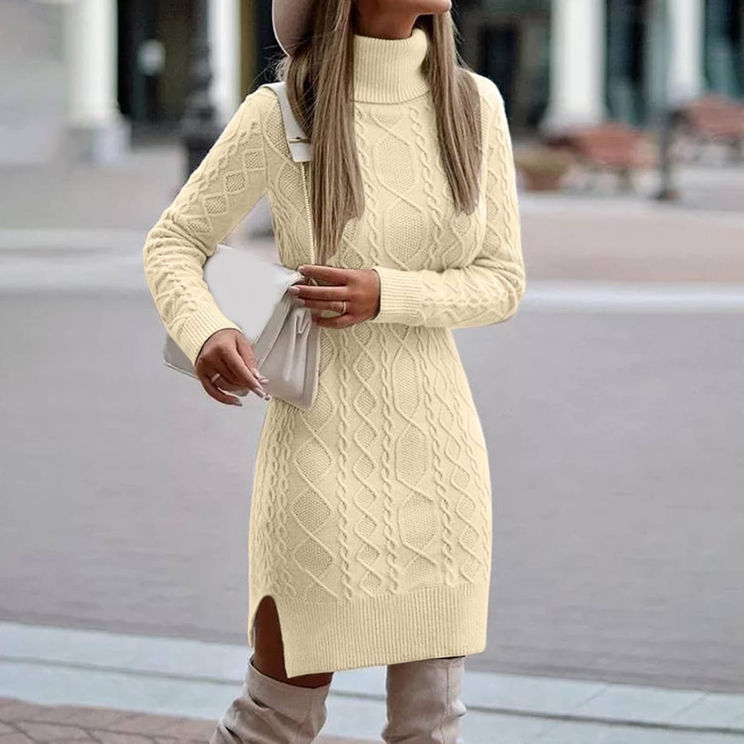 Damklänningar Stickad Slim Cut Långärmad Pullover Turtleneck Enfärgad Split Mellanlång Damkjol