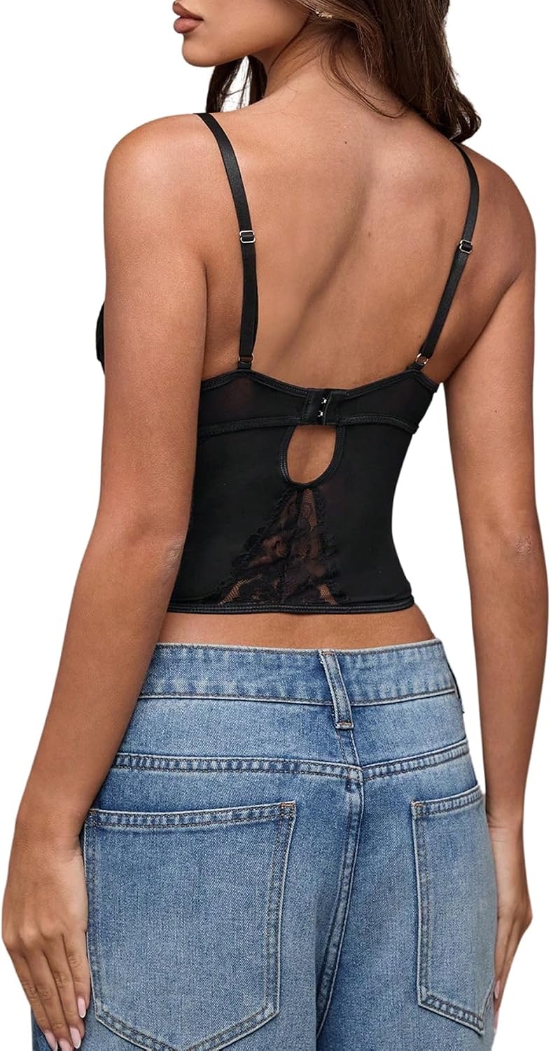 GORGLITTER Korsetttopp för kvinnor, eleganta spetstoppar med v-ringning, bustier, linne, ärmlösa sommartoppar, spetstopp, spaghettitoppar, axeltopp