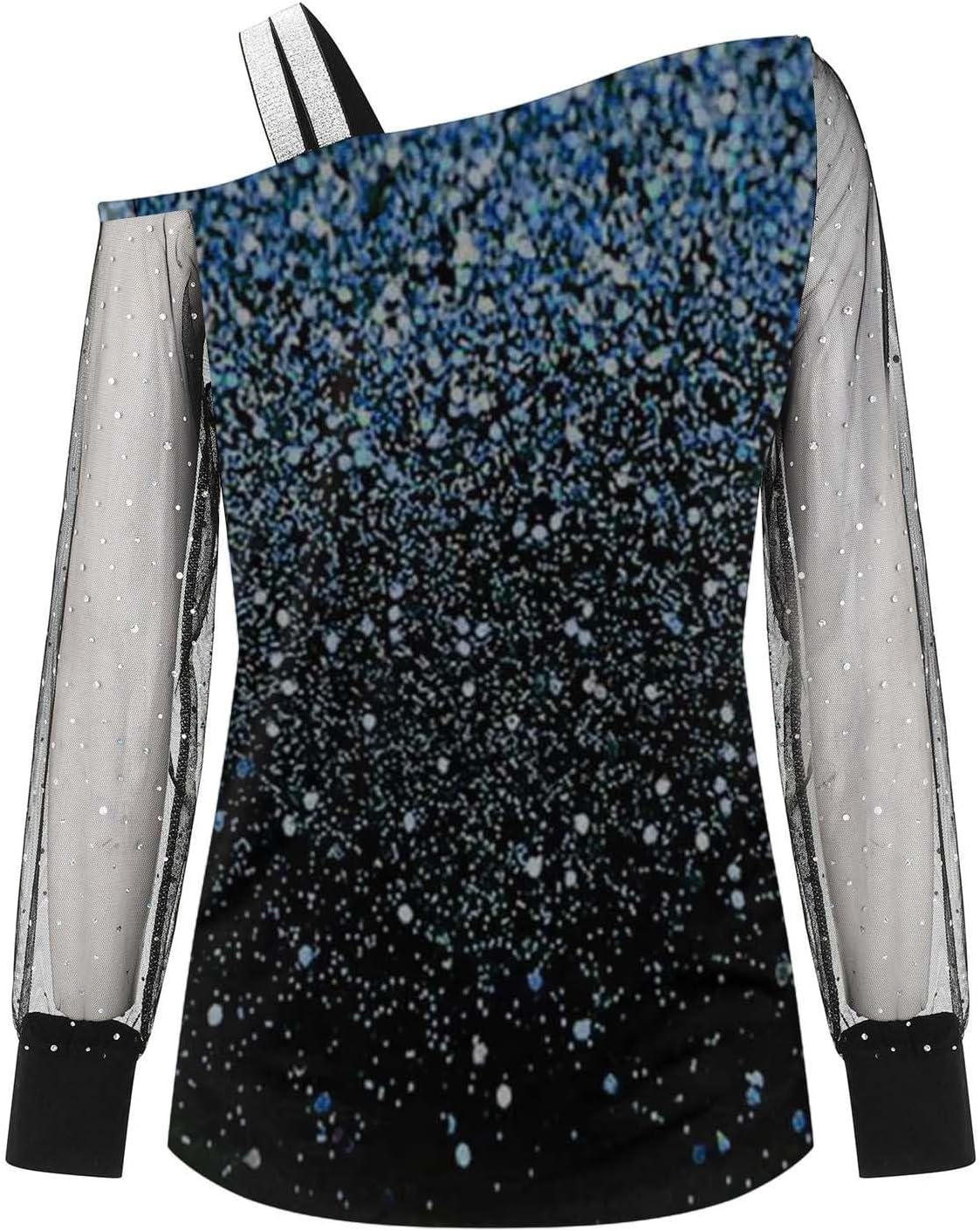 Elegant damskjorta paljetter nyår axellös elegant nät med paljetter plus storlek t-shirts för fest och kväll cocktail ceremoni kurviga toppar långärmad glitter blus 2025