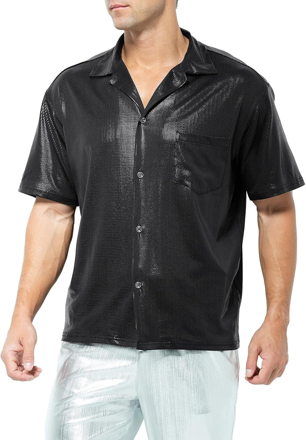 Casey Kevin herr glitterskjorta metallisk glänsande nattklubb party paljetter klänning skjortor nattklubb stil topp fritidströja 70-talet disco party kostym