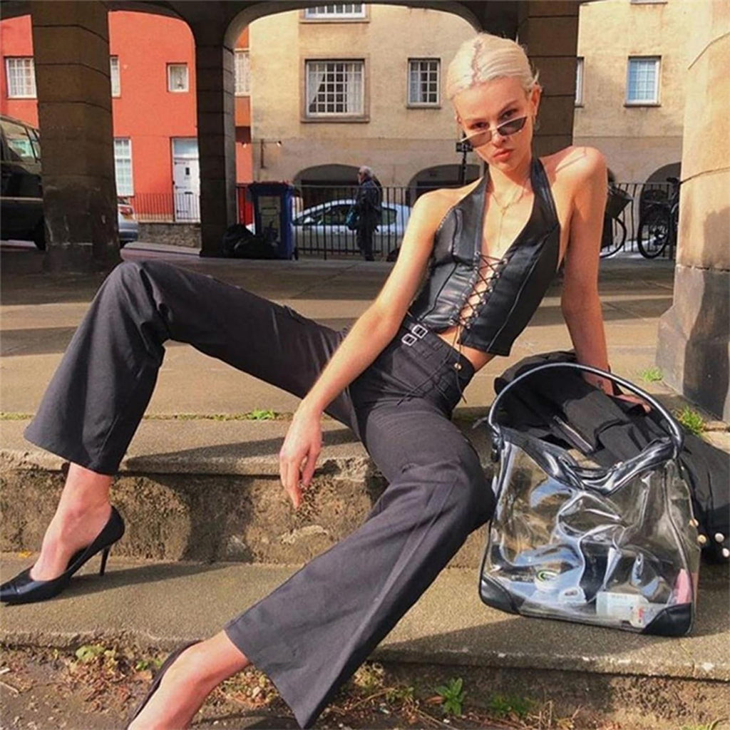 dam läder crop top – sommar topp sexig Y2K bustier topp med snörning och justerbara spagettiremmar PU-läder topp