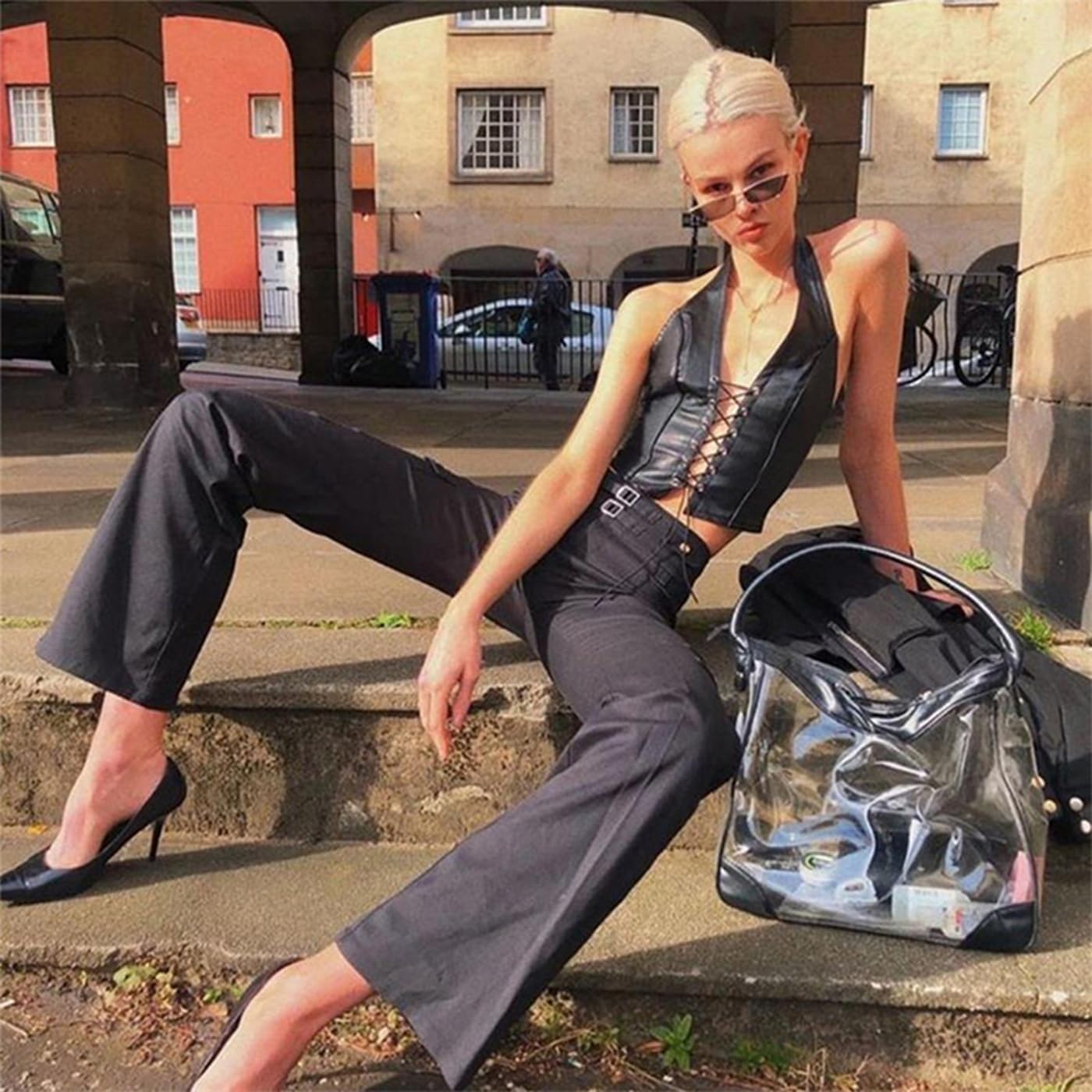 dam läder crop top – sommar topp sexig Y2K bustier topp med snörning och justerbara spagettiremmar PU-läder topp