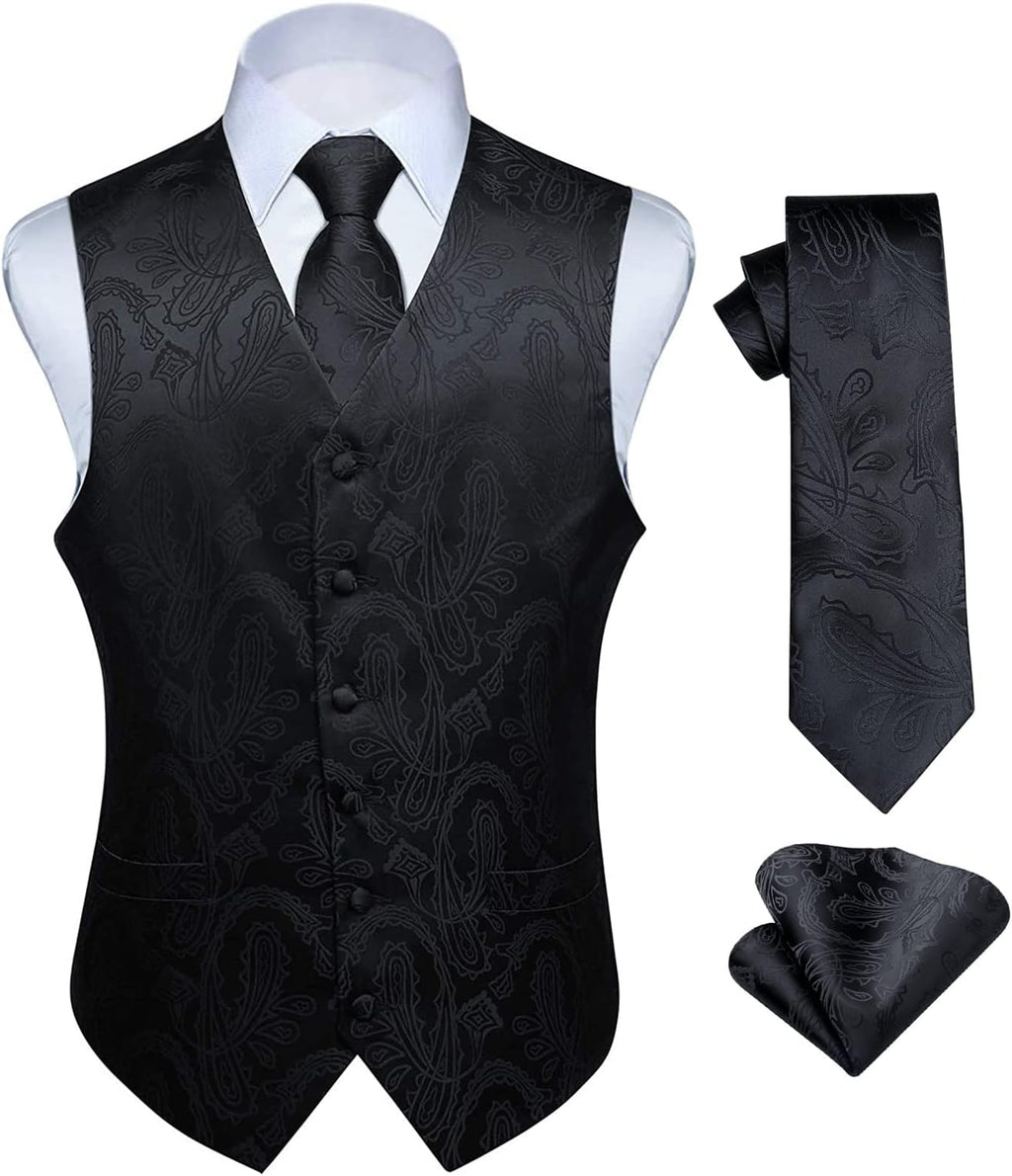 Hisdern Herrväst med paisleymönster, blommig jacquard-slips, bröstnäsduk och näsduk, perfekt för bröllop, fest eller affärsmöten, väst-set för kostym i storlekarna XS–6XL