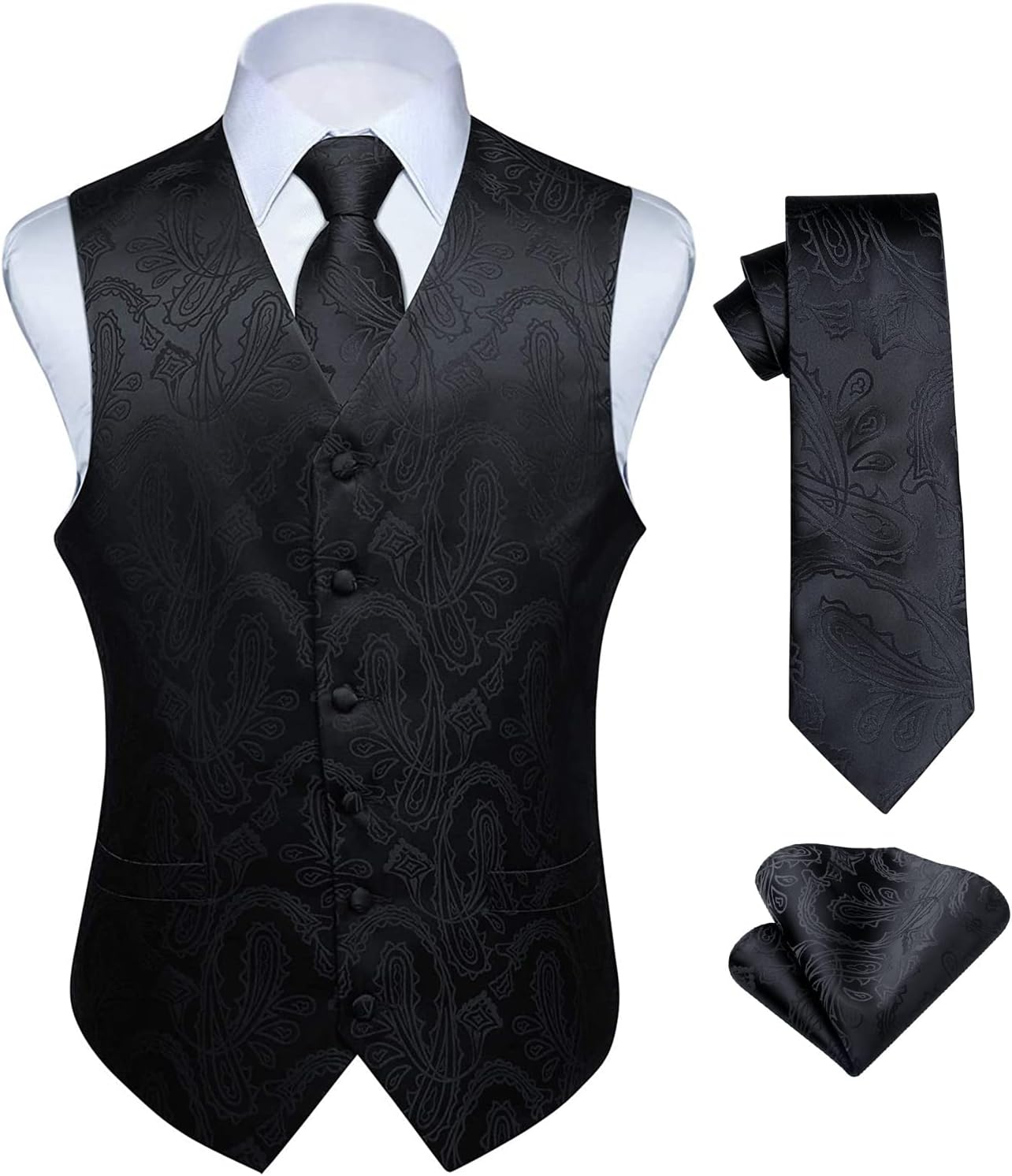 Hisdern Herrväst med paisleymönster, blommig jacquard-slips, bröstnäsduk och näsduk, perfekt för bröllop, fest eller affärsmöten, väst-set för kostym i storlekarna XS–6XL