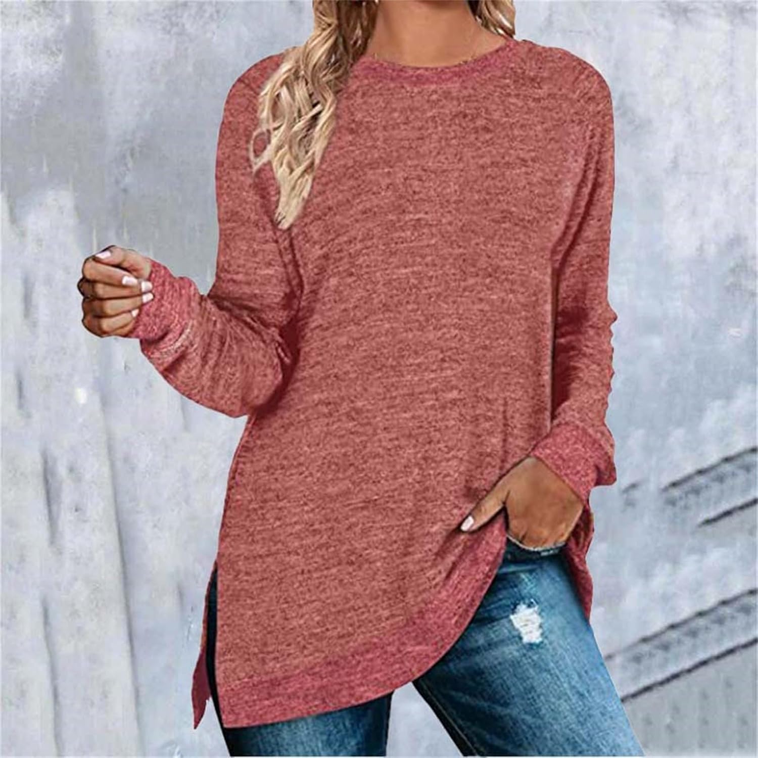 HUIFUAO T-shirt för kvinnor långärmad rund hals färgblock delad topp lös pullover topp skjorta kvinnor svart plus size t-shirt