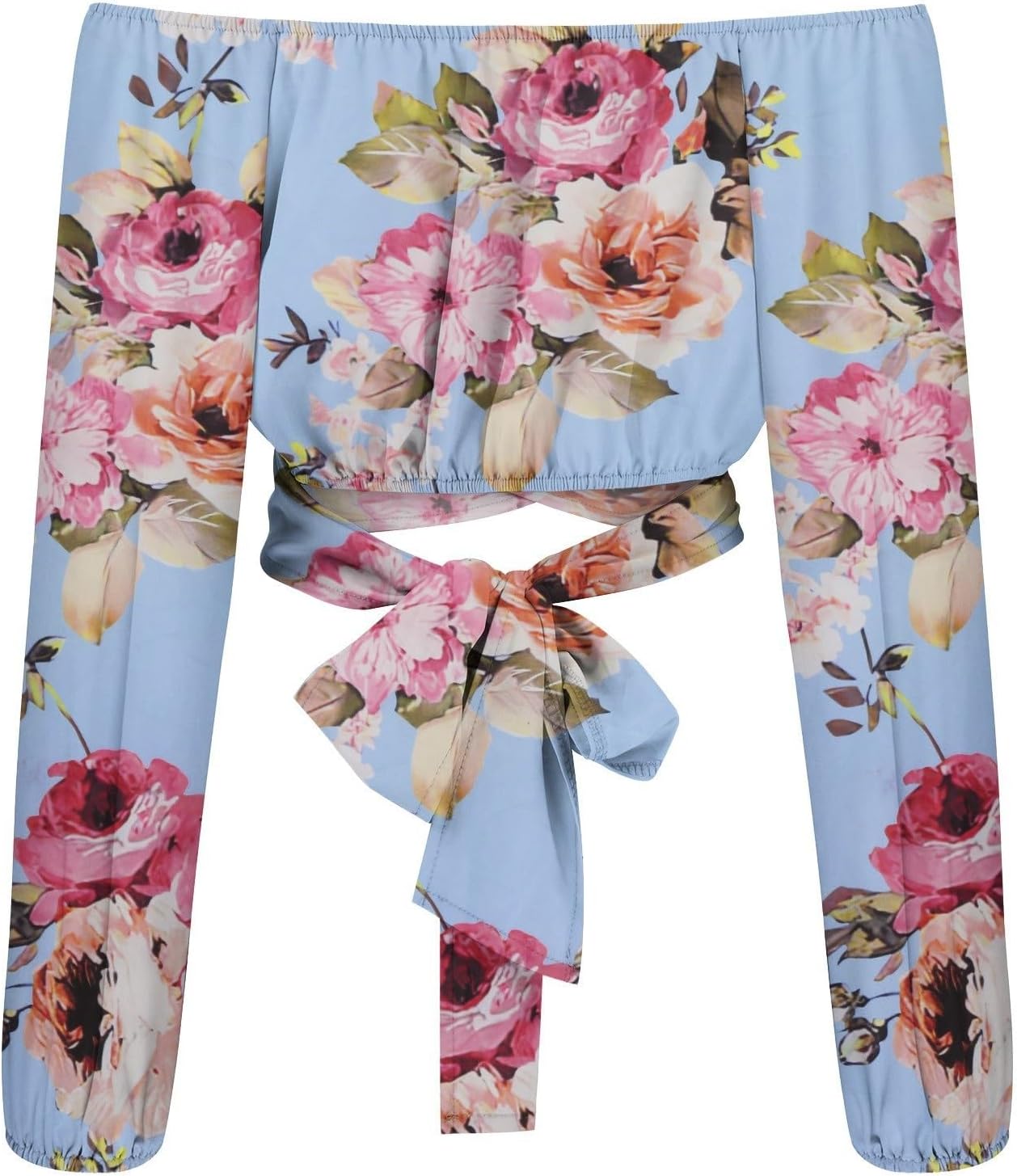 Off Shoulder Dam Crop Top Elegant Lanternärm Långärmad Rynkad Knytskärp Blus Sexy Shirt Semester Party Clubwear