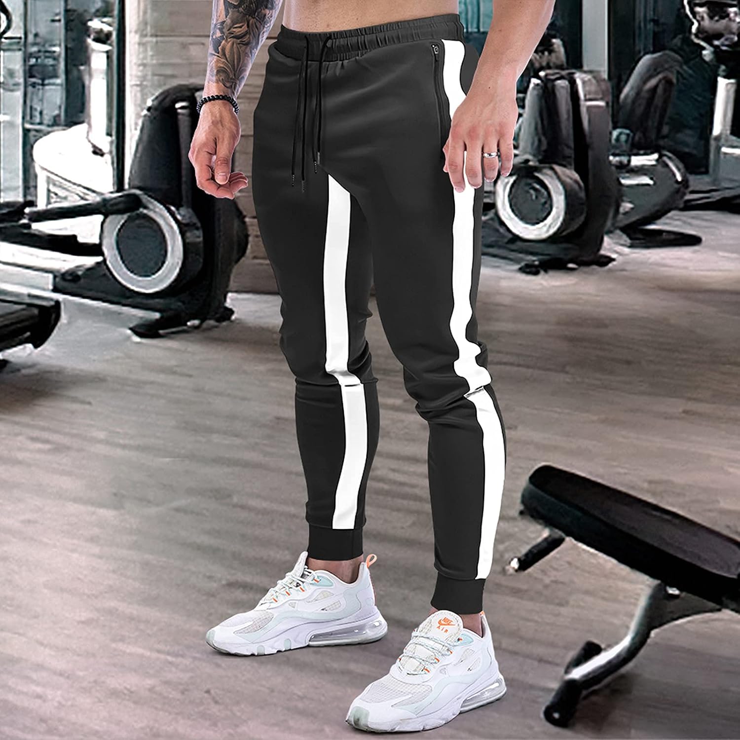 Suwangi Joggingbyxor för män, sportbyxor, byxor, randig design med dragkedjefickor