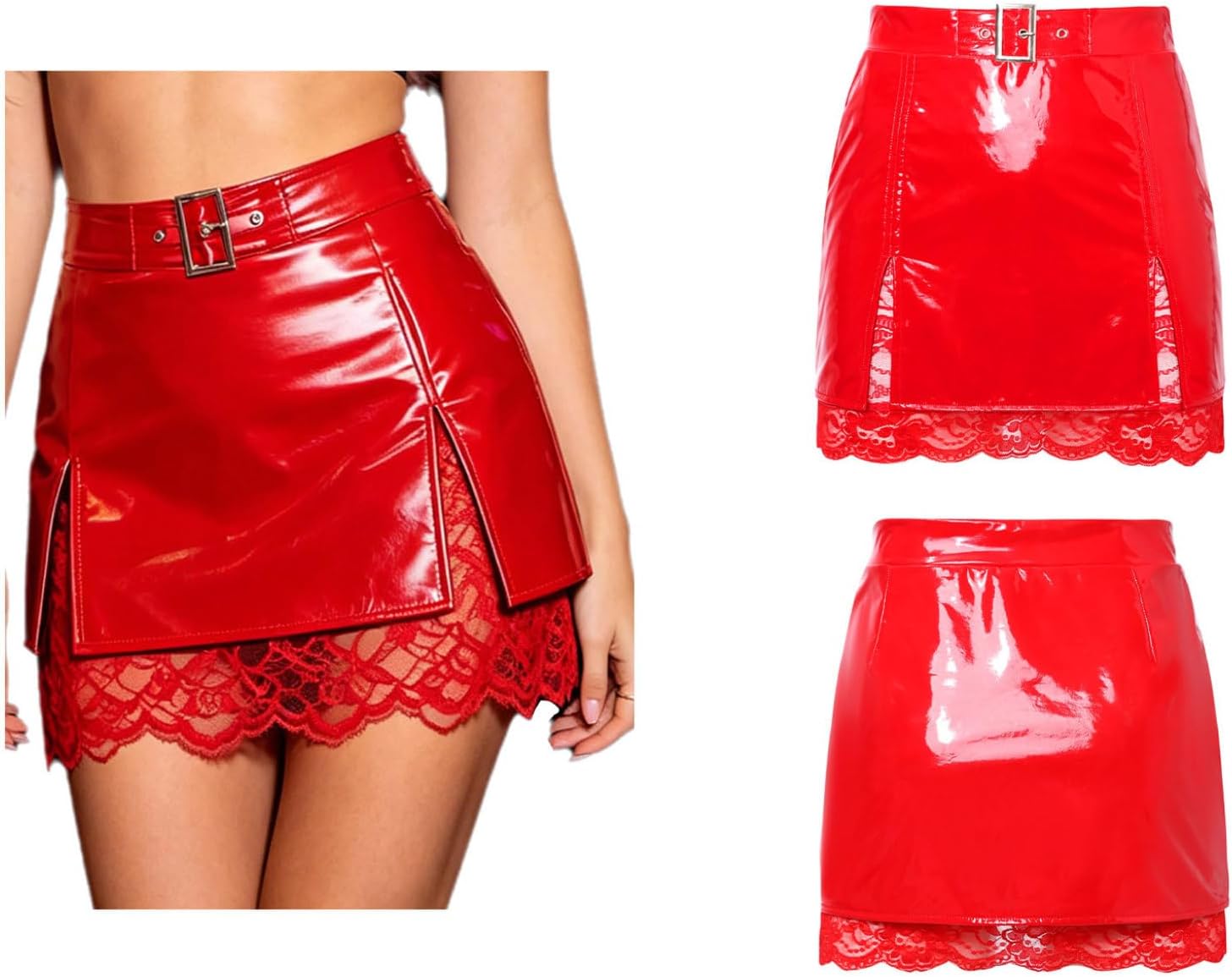 Hansber Dam Skrygga Metallisk Zip Up Split Skirt Bodycon Teddy Vinyl Stretch Miniskirt Pvc Våt Utseende Leather Clubkläder