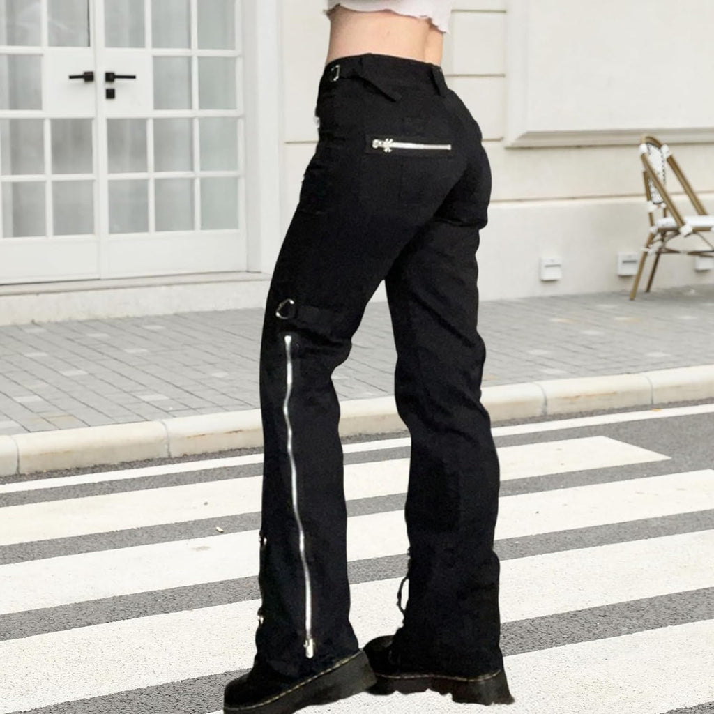Dam Y2K Gothic Rise Flare Jeans Oregelbundna Skinny Stretchiga Bootcut Jeans Vintage Punk Raka Ben Streetwear