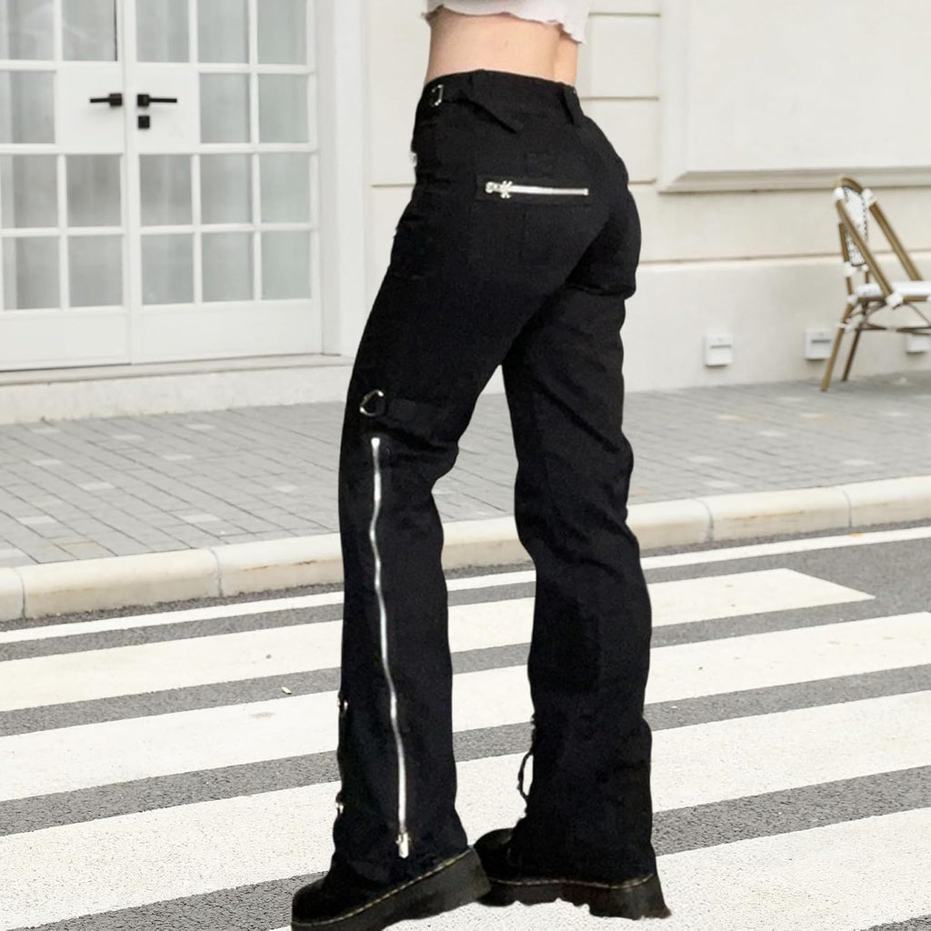 Dam Y2K Gothic Rise Flare Jeans Oregelbundna Skinny Stretchiga Bootcut Jeans Vintage Punk Raka Ben Streetwear