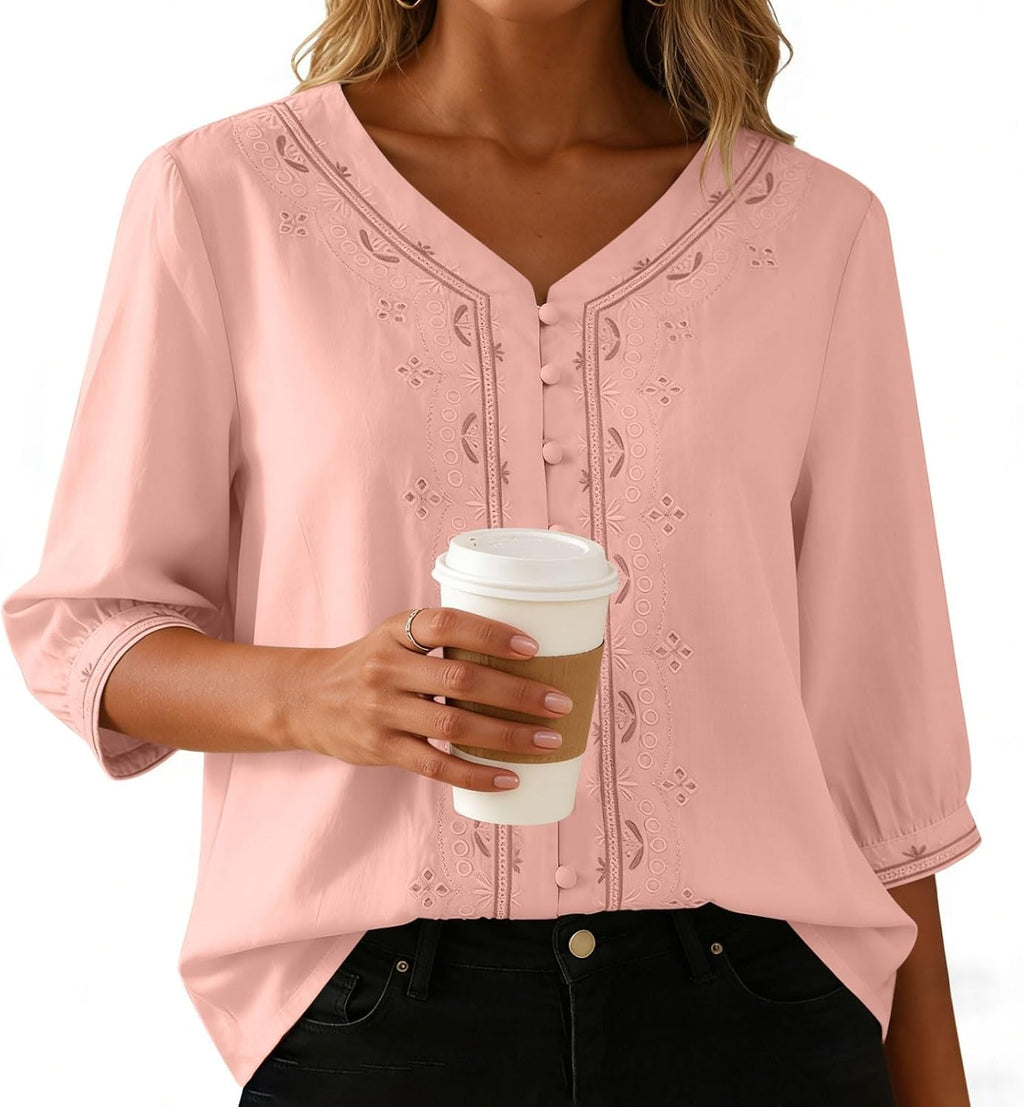 Kvinnors boho toppar bomull linne halvärm v-ringad retro broderade skjortor groda knapp kinesisk stil skjorta damer lös ledig sommar topp