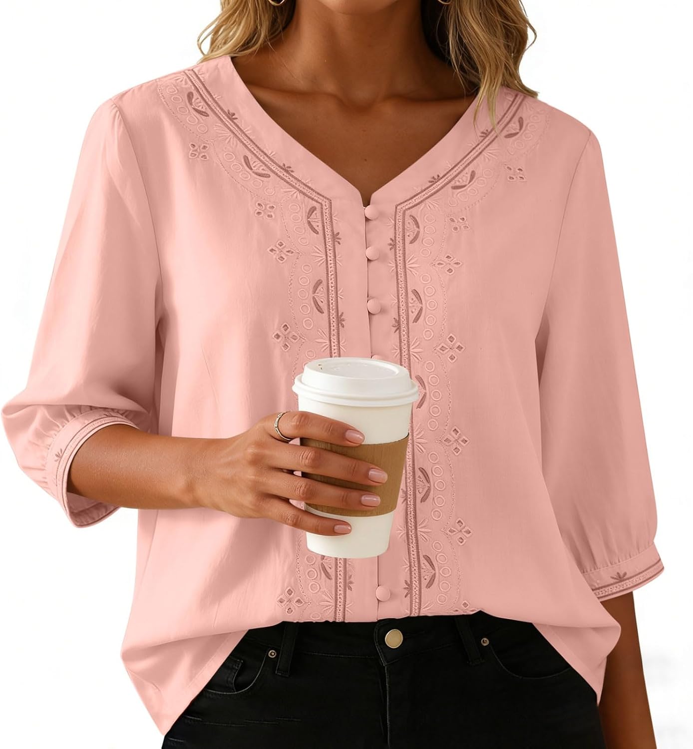 Kvinnors boho toppar bomull linne halvärm v-ringad retro broderade skjortor groda knapp kinesisk stil skjorta damer lös ledig sommar topp