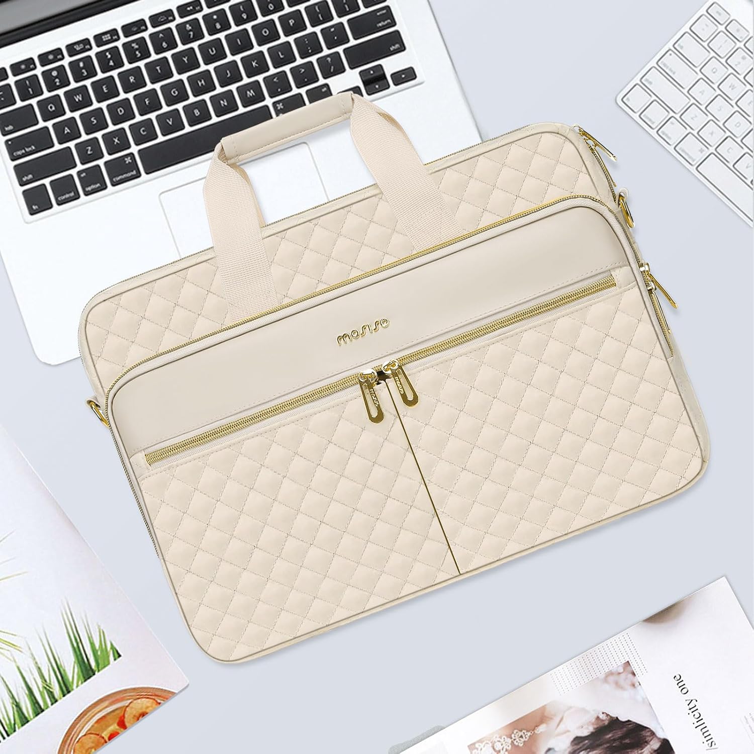 MOSISO Laptopväska, laptopväska, axelväska, dam, portfölj, handväska, kvadratisk quiltad laptopväska, axelväska, kontor, resor, affärer med 3 fickor och remmar