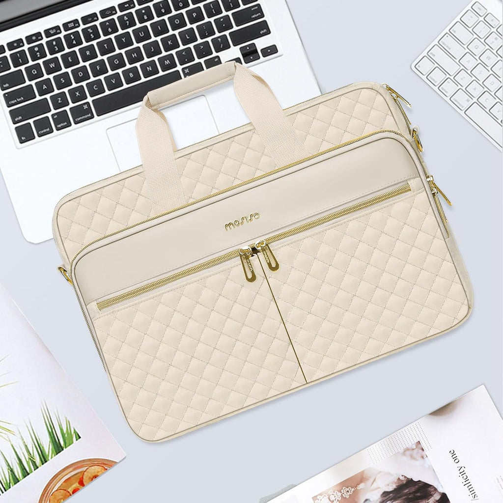 MOSISO Laptopväska, laptopväska, axelväska, dam, portfölj, handväska, kvadratisk quiltad laptopväska, axelväska, kontor, resor, affärer med 3 fickor och remmar
