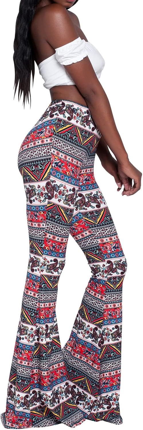 Nuofengkudu Dam vintage tryckta långa utsvängda byxor hög midja stretchiga vida ben yogabyxor