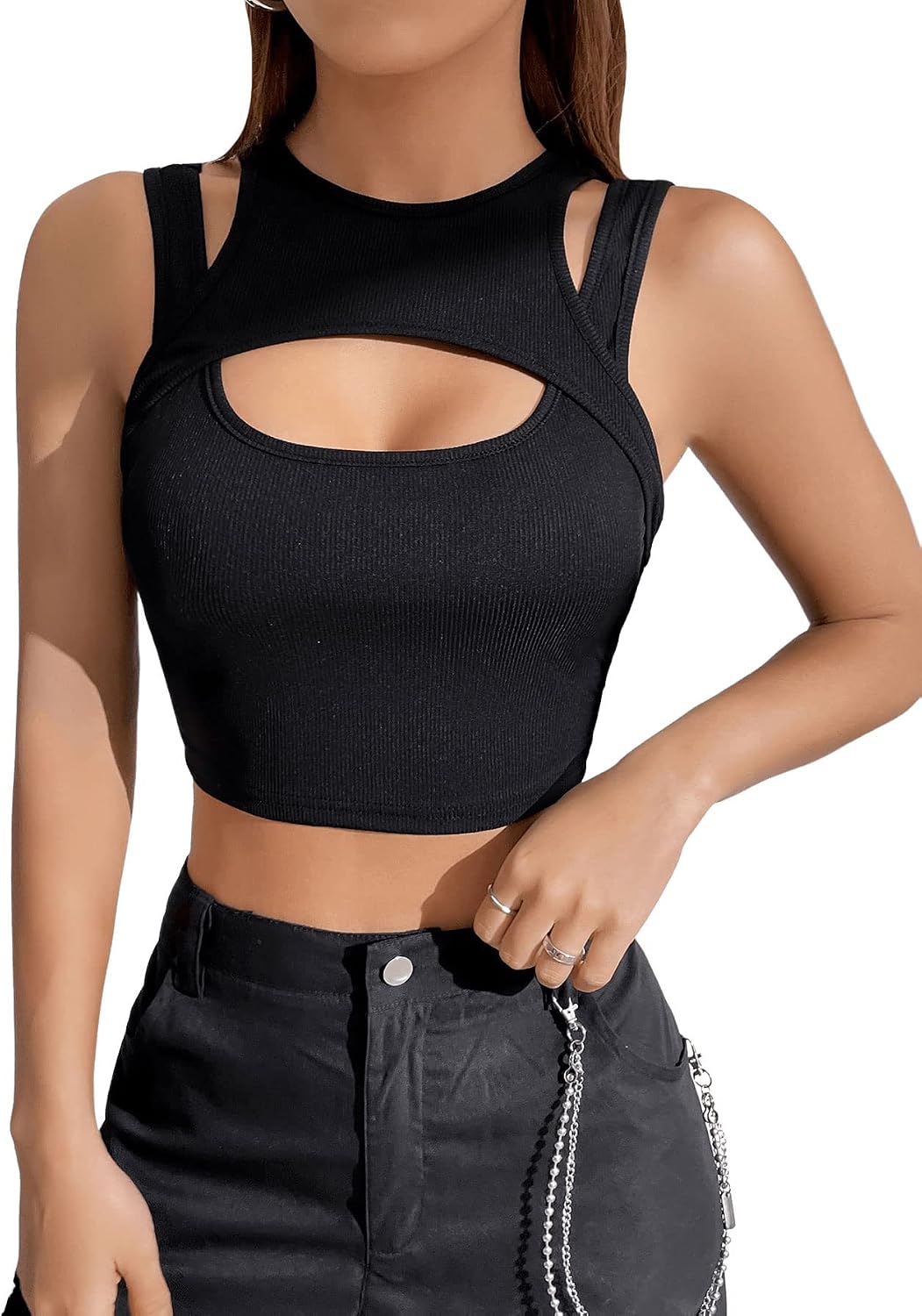 GORGLITTER Crop Tank Top dam Y2k Cut Out Top magfria toppar med utskärning sexig topp ärmlös linne