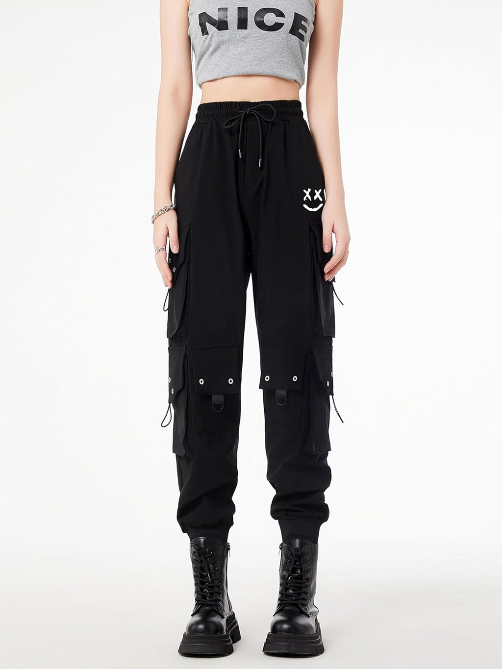 CLOAKA Cargobyxor dambyxor, joggingbyxor, hög midja, Y2k, gotiska, techwear, streetwear, cargobyxor, stretch, bekväma med elastiskt band, lös säckig utomhus, hip hop-tryck