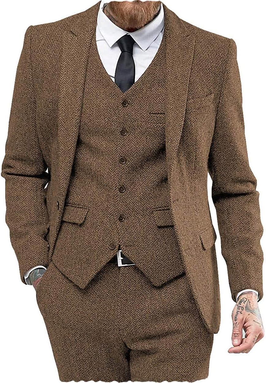 Klassiska herrkostymer normal passform 3 delar ull tweed fiskben by smoking bröllop brudgum blazer + väst + byxor