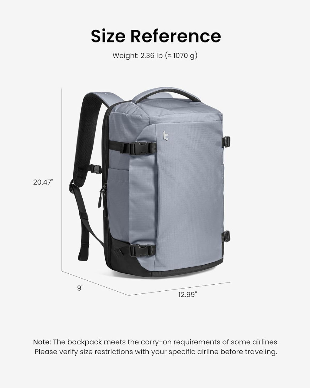 tomtoc 40L Reseryggsäck, TSA-vänlig handbagage-ryggsäck Reseryggsäck för 15,6-17 tums bärbar dator, flyggodkänd ombordstigning Vattenavvisande kabinryggsäck för resor Weekender Trip