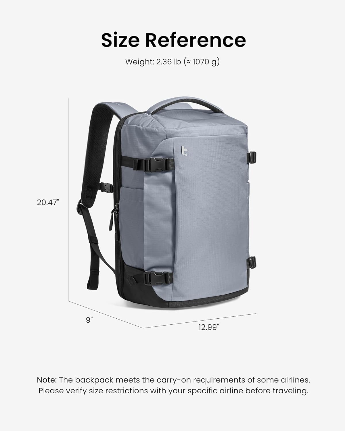 tomtoc 40L Reseryggsäck, TSA-vänlig handbagage-ryggsäck Reseryggsäck för 15,6-17 tums bärbar dator, flyggodkänd ombordstigning Vattenavvisande kabinryggsäck för resor Weekender Trip
