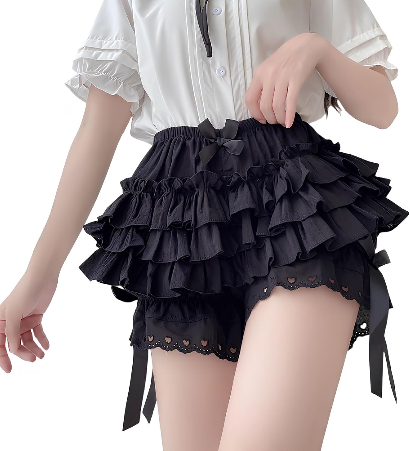 Kvinnor Spets Volanger Shorts Y2K Lolita Bloomers Fairy Lace Trim Volang Layered Trosor Bottom Shorts Med Hög Midja