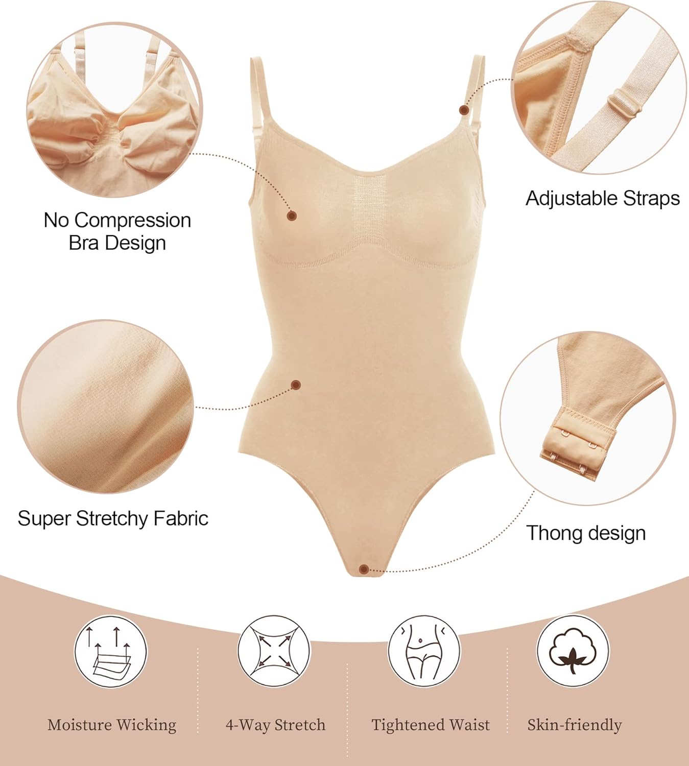 SHAPERX Women Sculpting Bodysuit Tummy Control Shapewear Seamless Body Shaper Thong Adjustable Straps