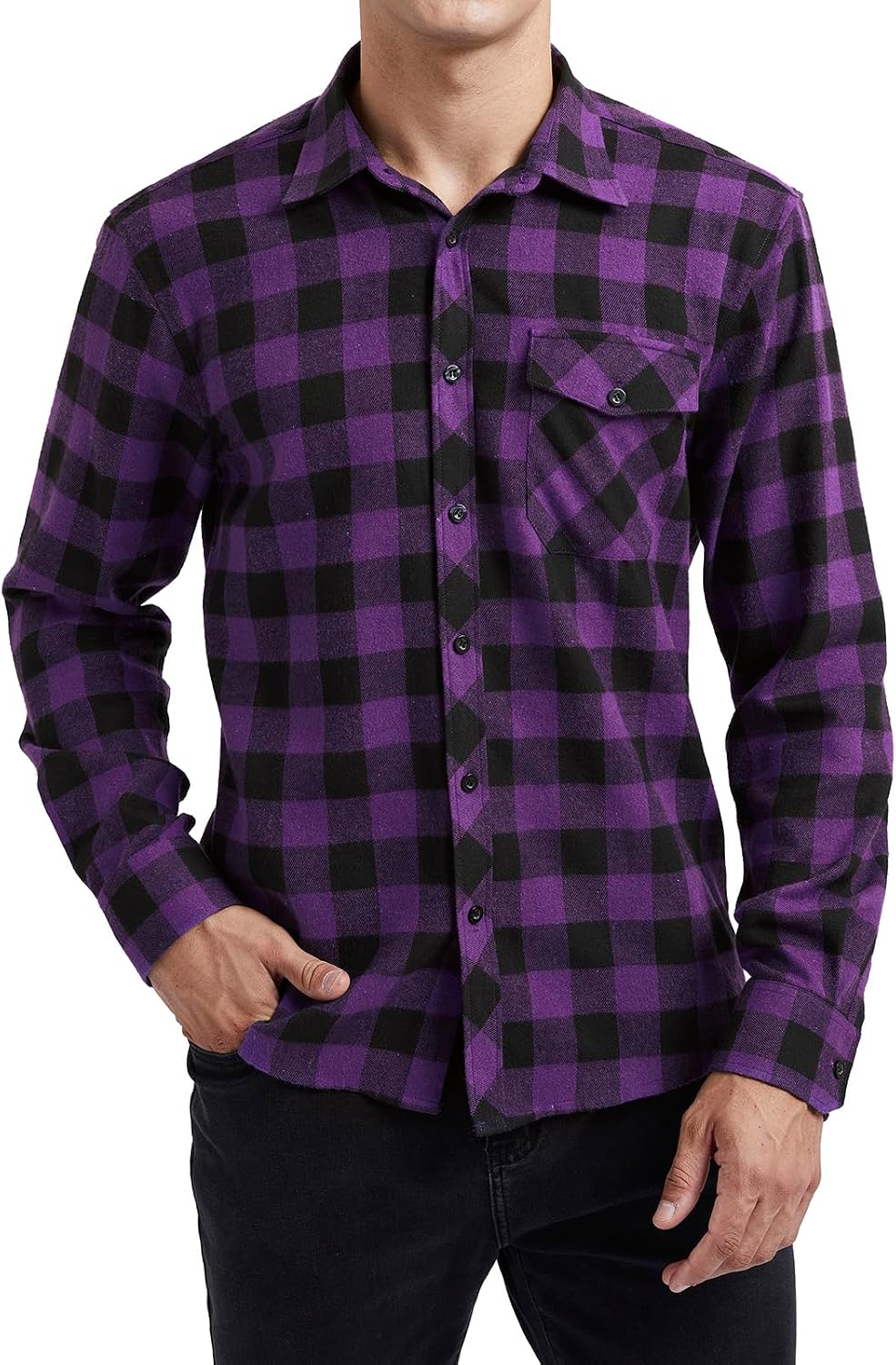 HISDERN Långärmad vardaglig rutig flanellskjorta rutig tartan button-down-skjortor för män S-4XL