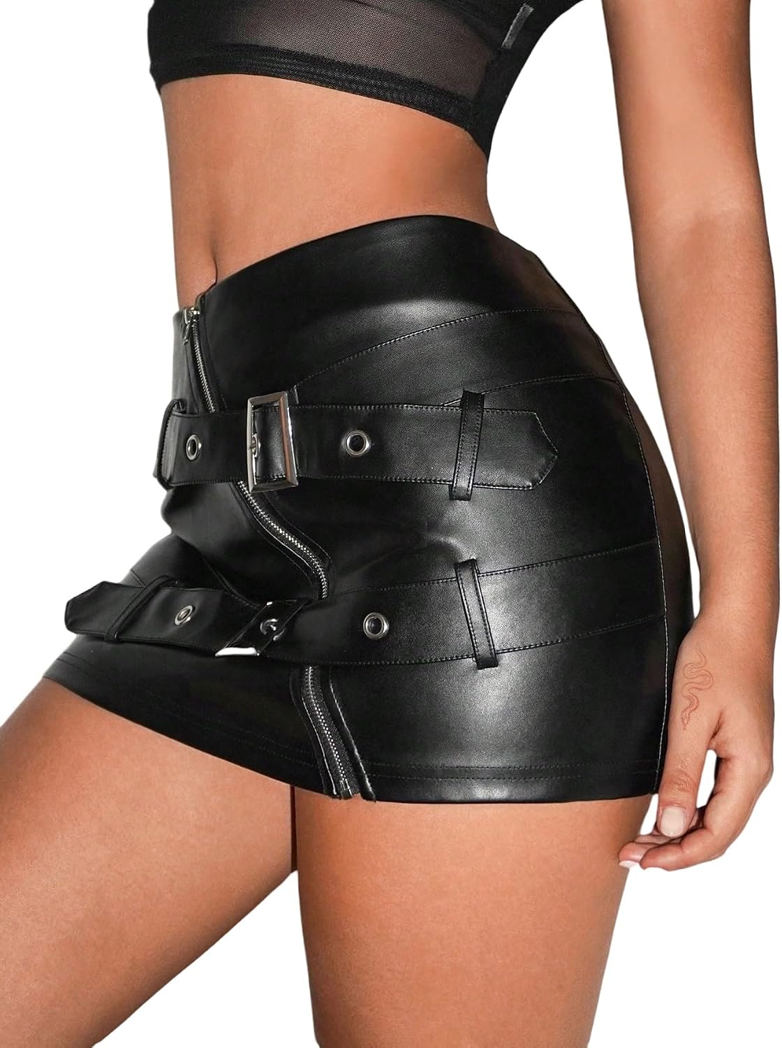 GORGLITTER Damkjol Y2k kjolar elegant minikjol med bältesdetalj läderkjol med dragkedja festkjol festoutfit