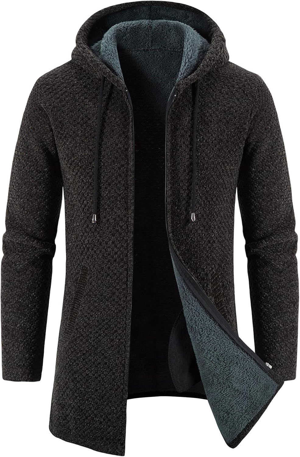 KUDORO Herrcardigan lång väst med dragkedja stickad kofta huvtröja tjock och ledig fleece tröja huvtröja