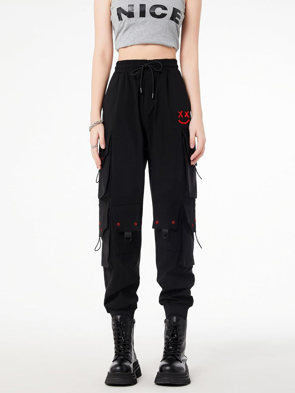 CLOAKA Cargobyxor dambyxor, joggingbyxor, hög midja, Y2k, gotiska, techwear, streetwear, cargobyxor, stretch, bekväma med elastiskt band, lös säckig utomhus, hip hop-tryck