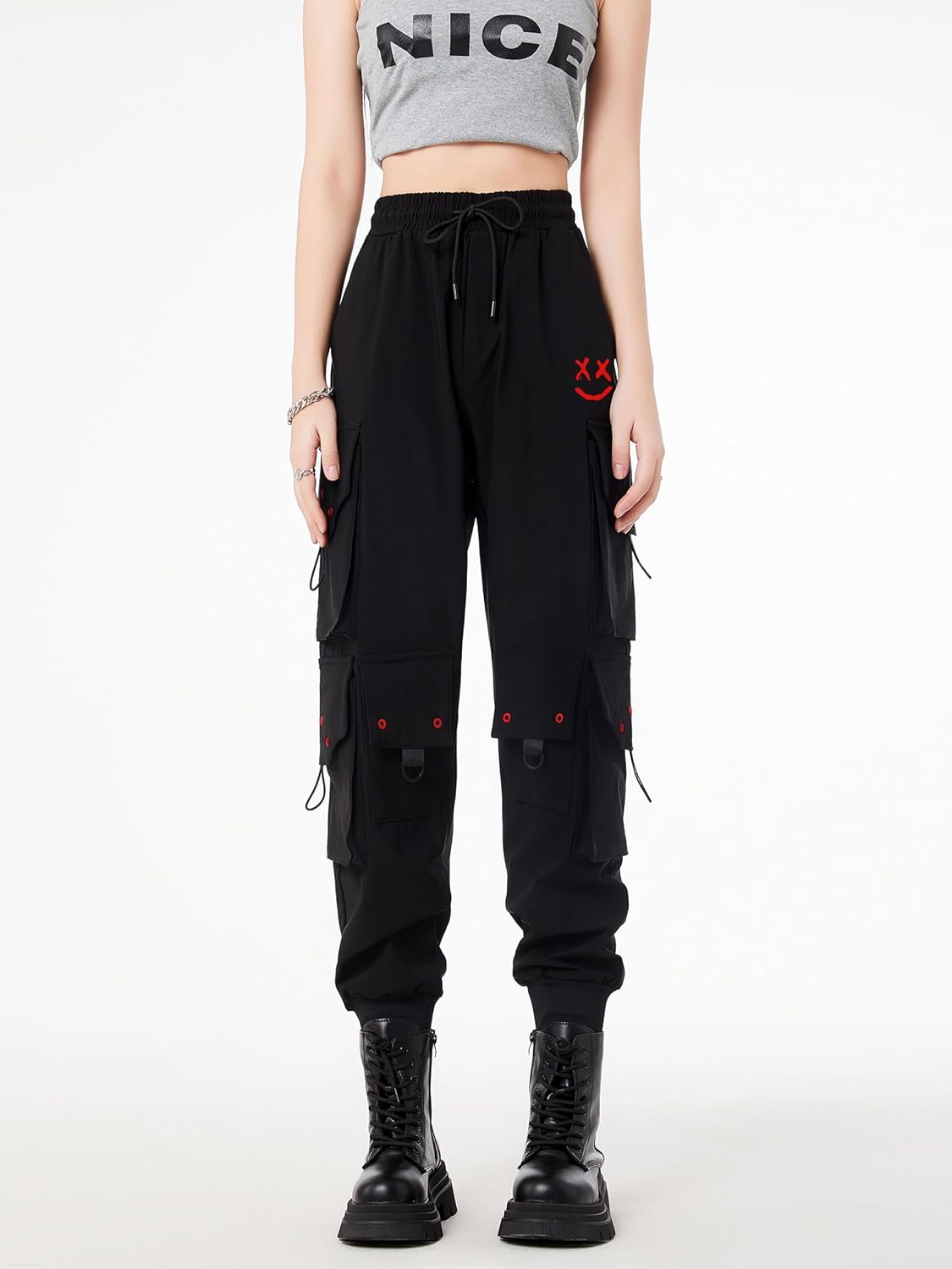 CLOAKA Cargobyxor dambyxor, joggingbyxor, hög midja, Y2k, gotiska, techwear, streetwear, cargobyxor, stretch, bekväma med elastiskt band, lös säckig utomhus, hip hop-tryck