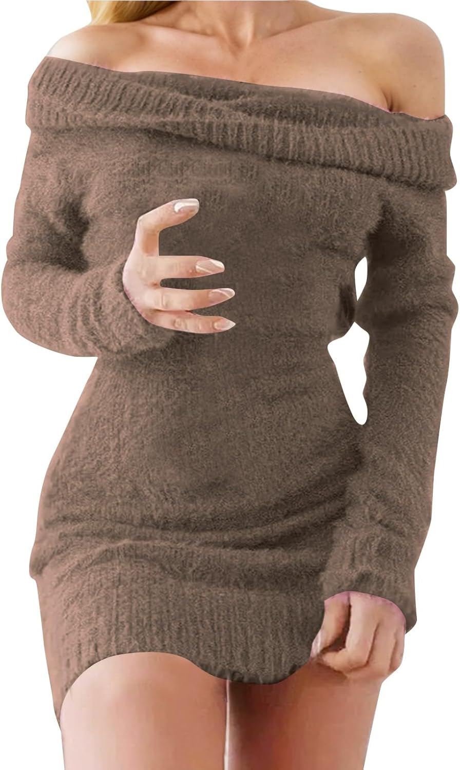 Stickad klänning för kvinnor off-shoulder-bodycon-tröja med långa ärmar för vintersemester