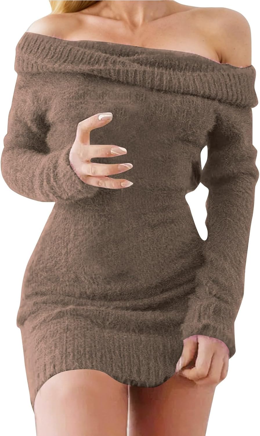 Stickad klänning för kvinnor off-shoulder-bodycon-tröja med långa ärmar för vintersemester
