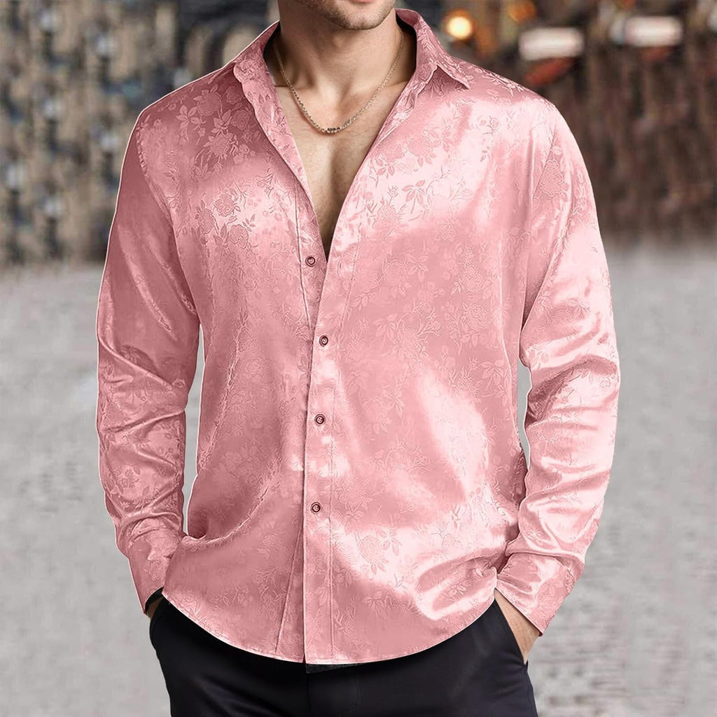 Herr lyx satinklänning skjortor glänsande siden som långärmad button down skjortor casual normal passform bröllop fest avslutningsbal toppar paljetter skjorta män