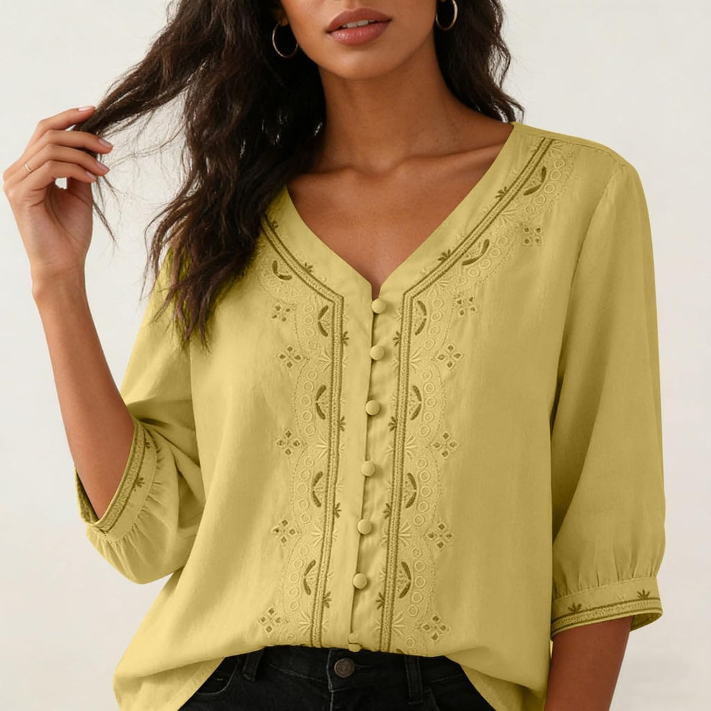 Kvinnors boho toppar bomull linne halvärm v-ringad retro broderade skjortor groda knapp kinesisk stil skjorta damer lös ledig sommar topp