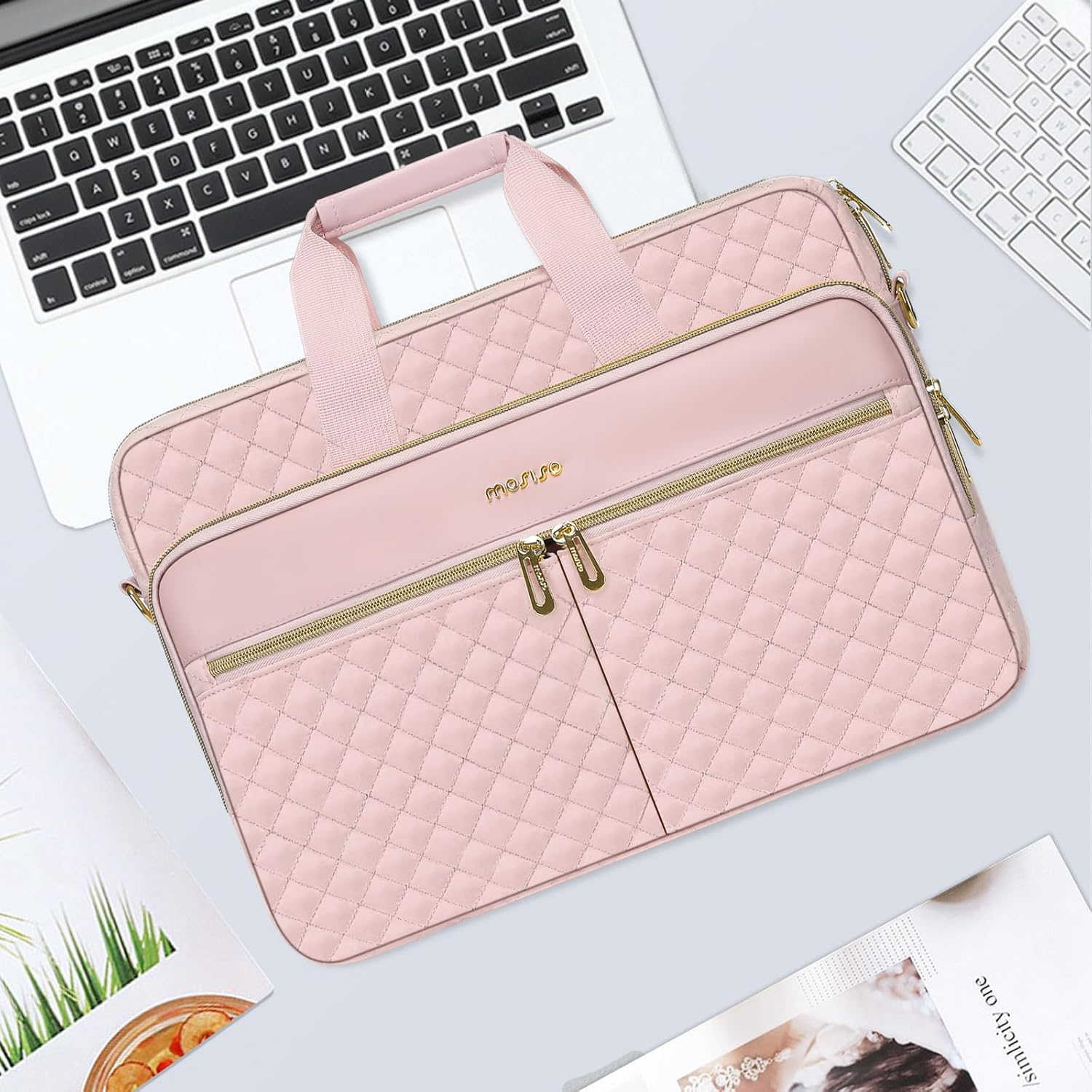 MOSISO Laptopväska, laptopväska, axelväska, dam, portfölj, handväska, kvadratisk quiltad laptopväska, axelväska, kontor, resor, affärer med 3 fickor och remmar