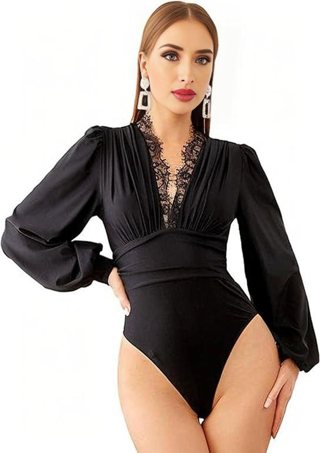 Dambody med spetsärmar, bodysuit djup V-ringning, spetstrimma, långärmad, chic, spetstopp, med spets, rygglös skjorta, stickad topp, elegant blus, topp, body skulptur